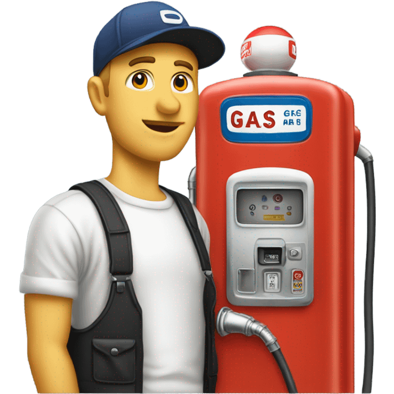 White man with ballcap standing next to vintage gas pump emoji