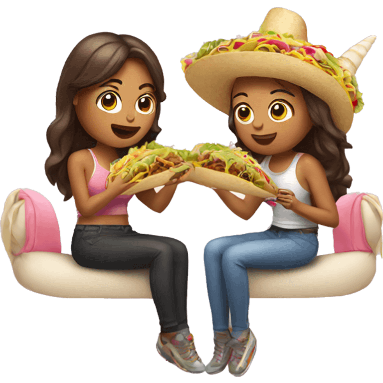 two women eating tacos, riding a unicorn emoji