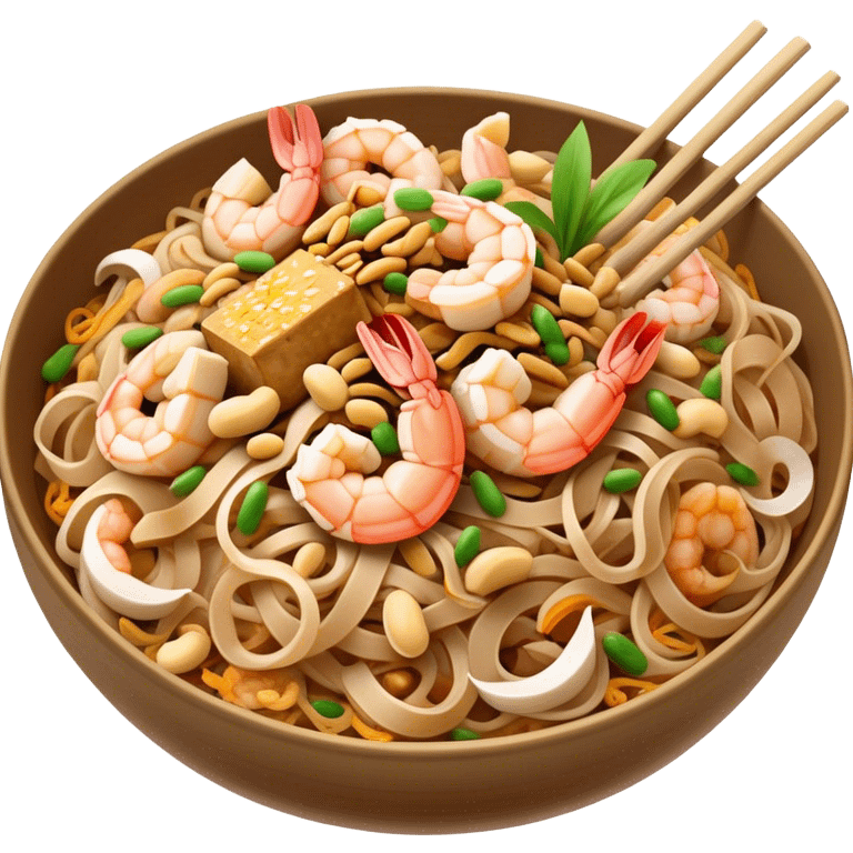 Cinematic Realistic Pad Thai Dish Emoji, depicted as stir-fried rice noodles with shrimp, tofu, peanuts, and bean sprouts rendered with vibrant textures and dynamic, appetizing lighting. emoji