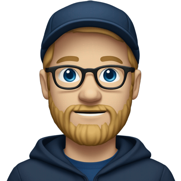 a white dude with blue eyes a dirty blonde beard and sideburns and thin frame glasses wearing a black newsboy hat a navy blue pull over hoodie and dark blue t shirt emoji