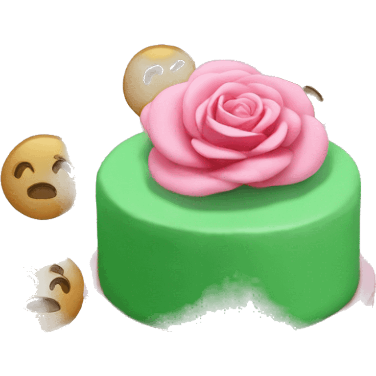 Green round cake. With a pink rose ontop. emoji