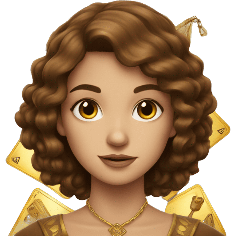 Brown hair beautiful girl with brown tarot gold cards emoji