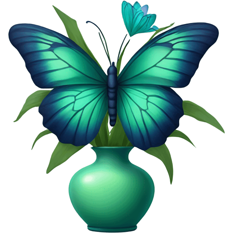 Aesthetic butterfly with blue and green  wings sitting on a dark blue bouquet of Lilies in a pastel green vase emoji