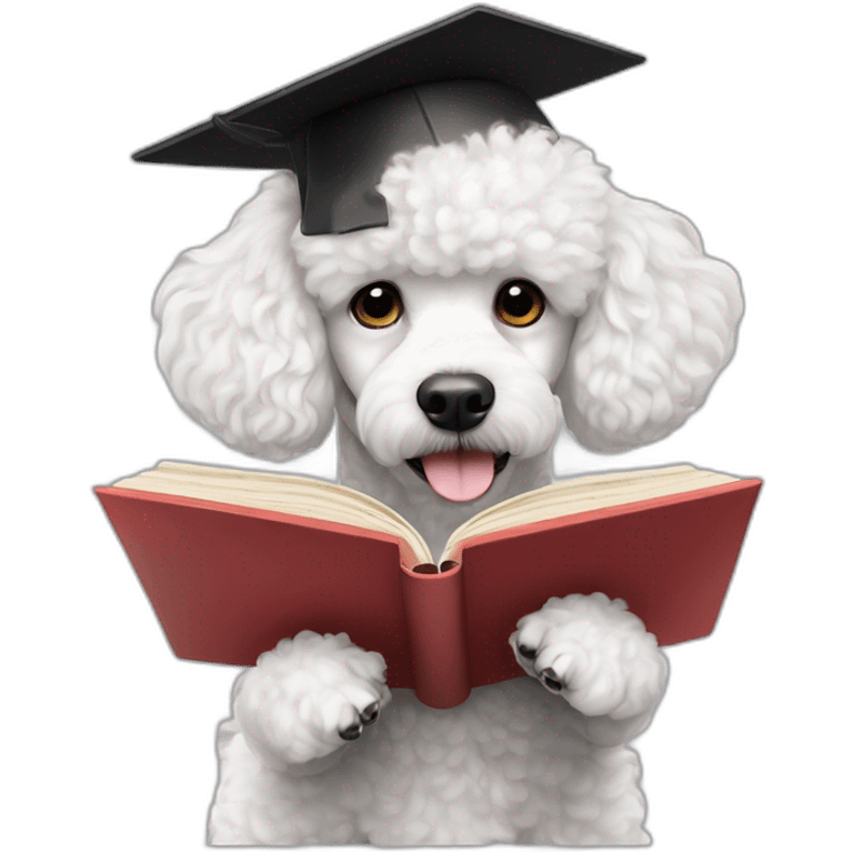 a white coco poodle dog with cute eyes looking at screen with a graduation hat and book emoji