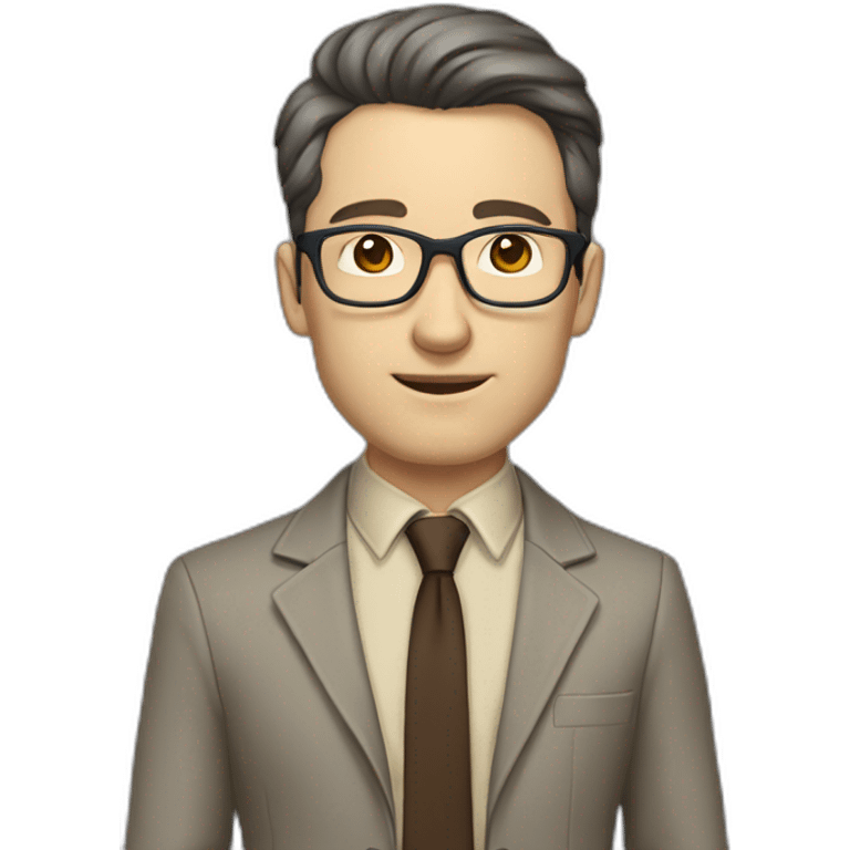 Full height Gesticulating Pale skinned fit man with dark brown hair in gray jacket, beige office shirt, brown tie, brown pants and vintage glasses. emoji