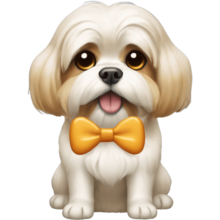 A lhasa apso dog wearing a bow and eating chicken leg piece  emoji