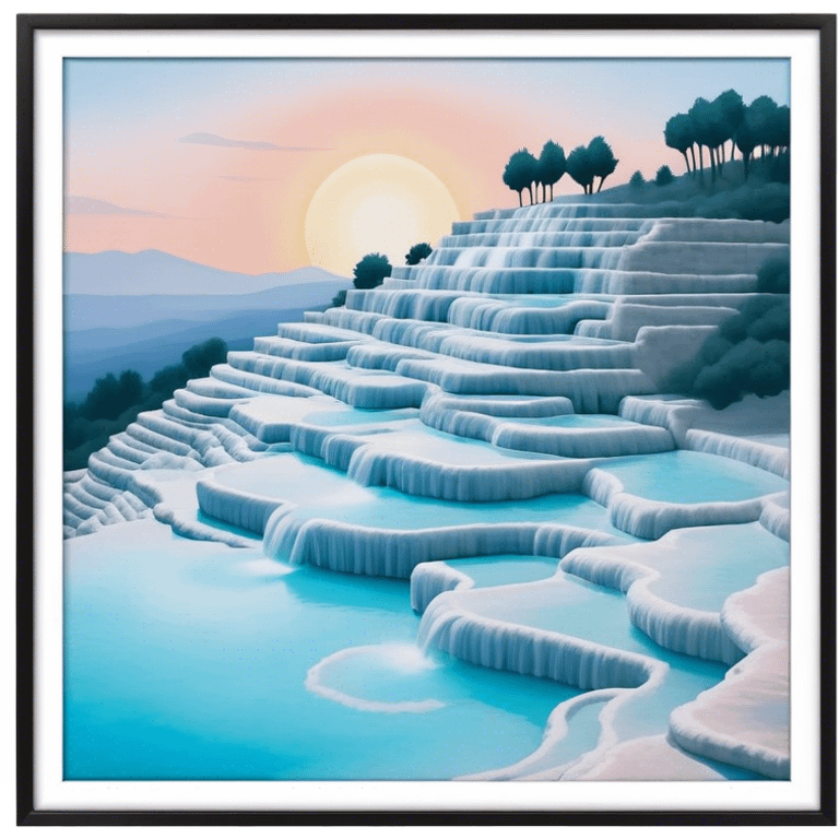 Cinematic Realistic Pamukkale Landmark Emoji, showcasing surreal cascading terraces of thermal waters rendered with ethereal textures and soft, luminous lighting. emoji