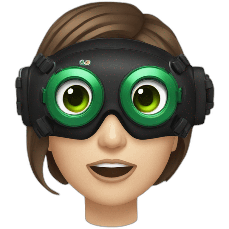 woman brown hair black diving mask with diving regulator in mouth, green eyes emoji