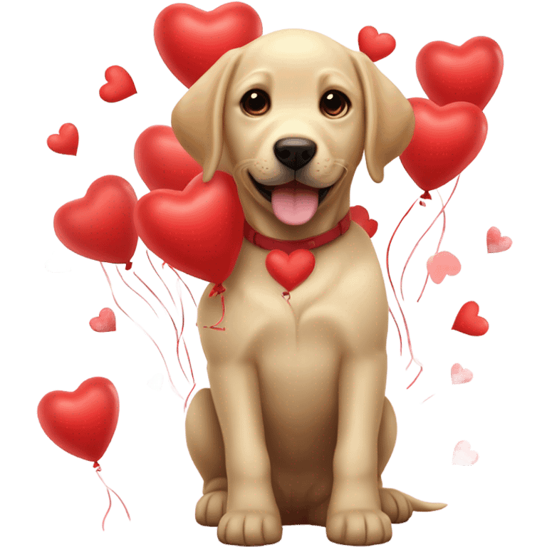 Puppy labrador happy Surrounded by red heart-shaped balloons emoji