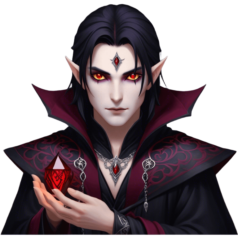 Cinematic Realistic WoW Vampire Mage Portrait, depicted with dark and mysterious elegance, wearing a flowing black robe intricately adorned with arcane silver filigree and esoteric runes. His pallid, almost ethereal skin contrasts with deep crimson, mesmerizing eyes, while his dark, slick hair falls in sleek strands. Rendered with lifelike texture and moody, dramatic lighting, high shine, noble and formidable, capturing the essence of a legendary vampire mage of Azeroth. emoji