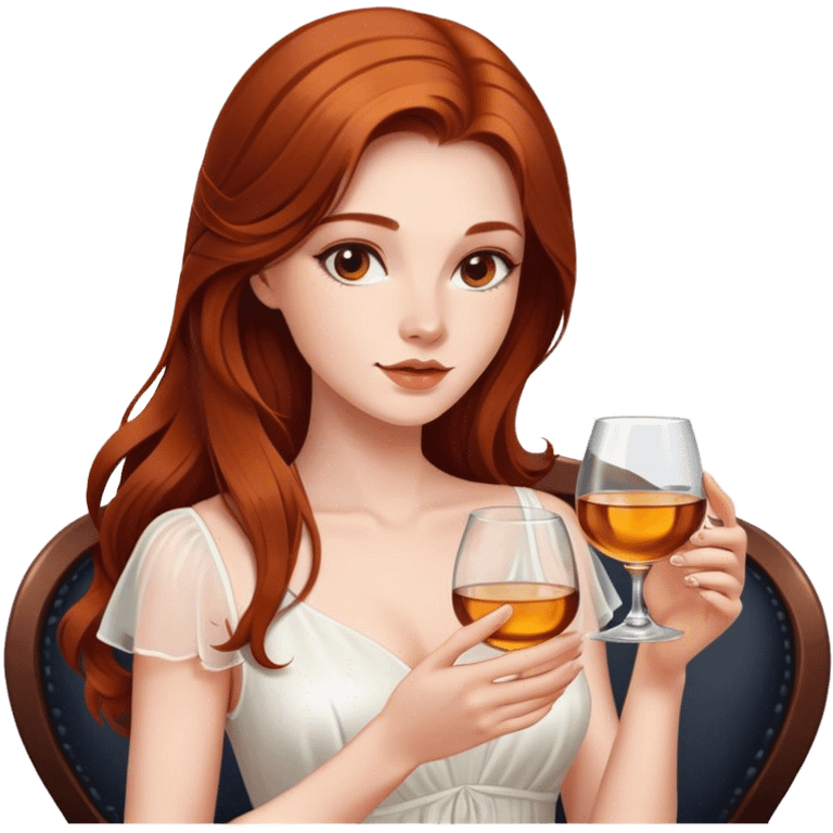 Beautiful woman in 1950’s woman fashion look, white dress, long auburn hair, whisky emoji