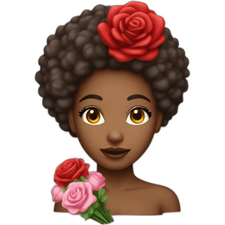 Femme métisse au cheveux afro tenant un Bouquet de rose rouge emoji