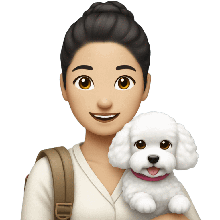 Hair-in-a-bun traveling Asian woman carrying a happy and cute bichon frise emoji