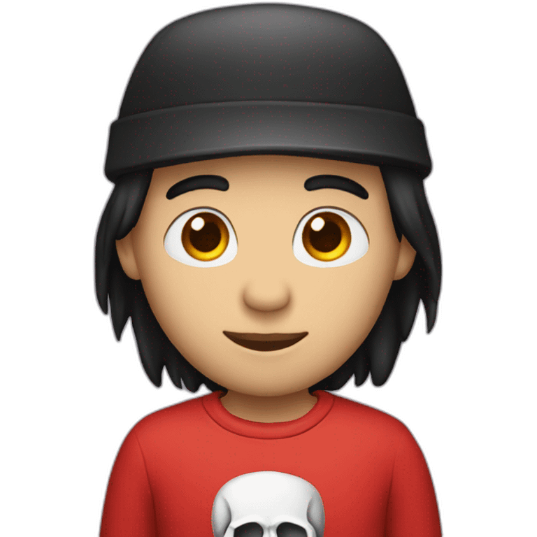 A person with black hair, a red hat, a back shirt, and a skull  emoji