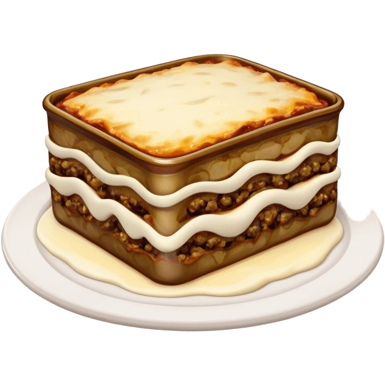 Cinematic Realistic Moussaka Dish Emoji, depicted with layers of eggplant, minced meat, and b√©chamel sauce rendered with rich textures and warm, inviting lighting that captures its Mediterranean flavor. emoji