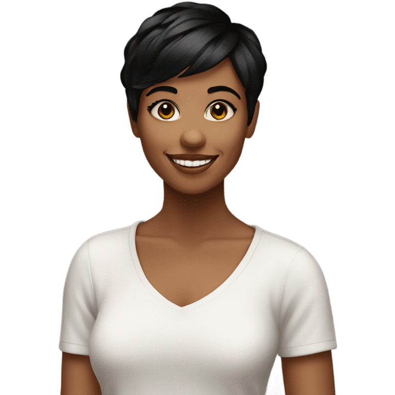 young pretty woman short pixie cut smiling, black hair emoji