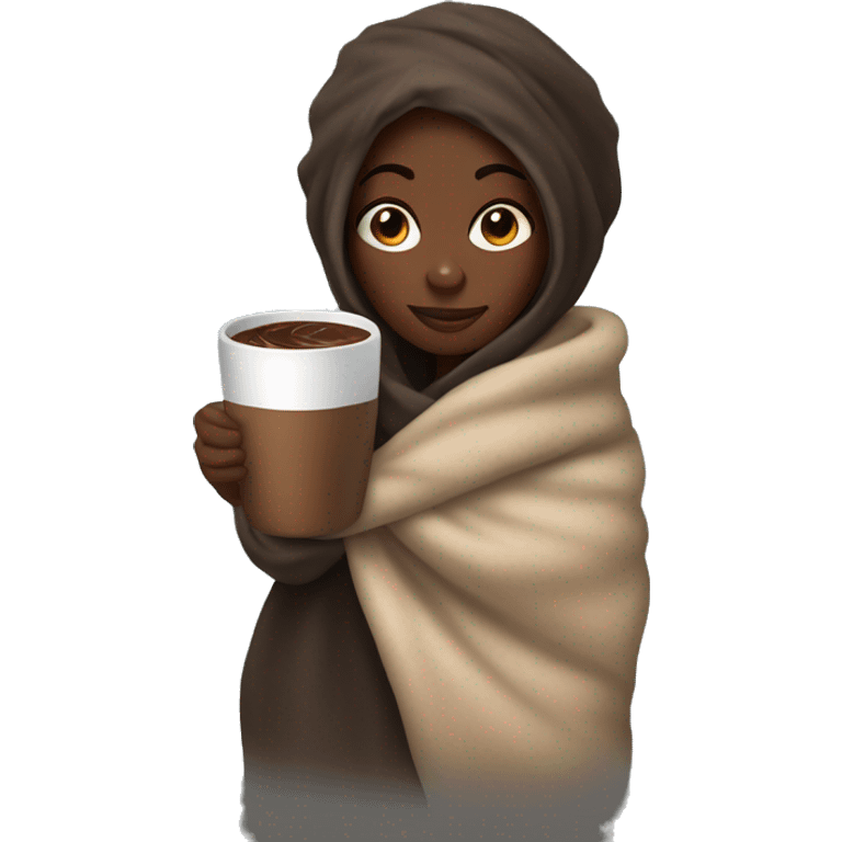 Cozy black girl wrapped in a blanket holding a mug with hott chocolate  emoji