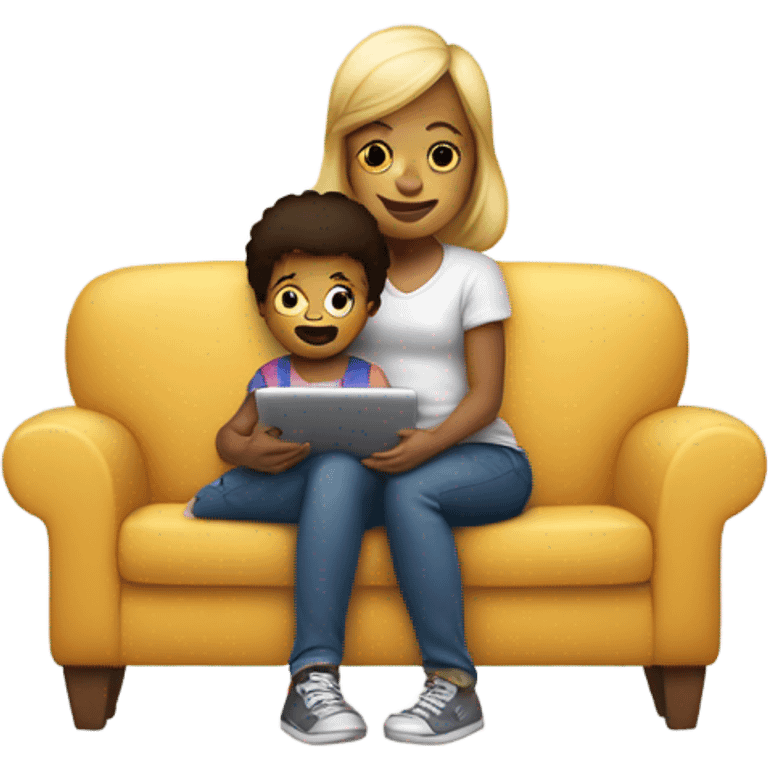 young kid sitting on mothers lap on sofa on the ipad emoji