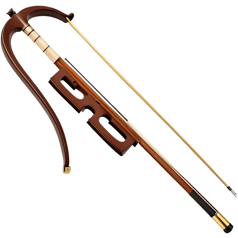  "Create a detailed and elegant emoji representing the Hans Klein HKCB cello bow. The design should feature the bow’s sleek, polished wooden stick with delicate, smooth curves, and fine detailing on the frog and winding. The bow hair should be visible, taut and neatly arranged. Add subtle metallic accents around the frog to emphasize the quality craftsmanship. Use rich brown and gold tones for the bow, with slight highlights on the silver and ebony components. The background should be transparent. emoji