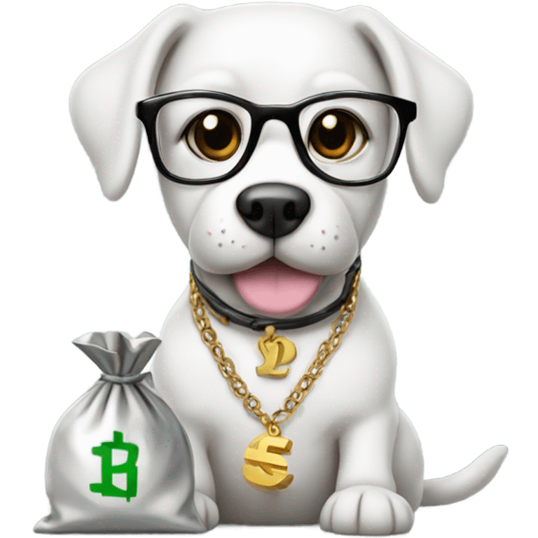 Dog with glasses and a silver necklace with a money bag emoji