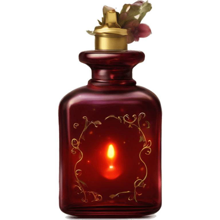 Dark red magic fairy light sparkling old Antique oil perfume bottle with herbal and flowers emoji