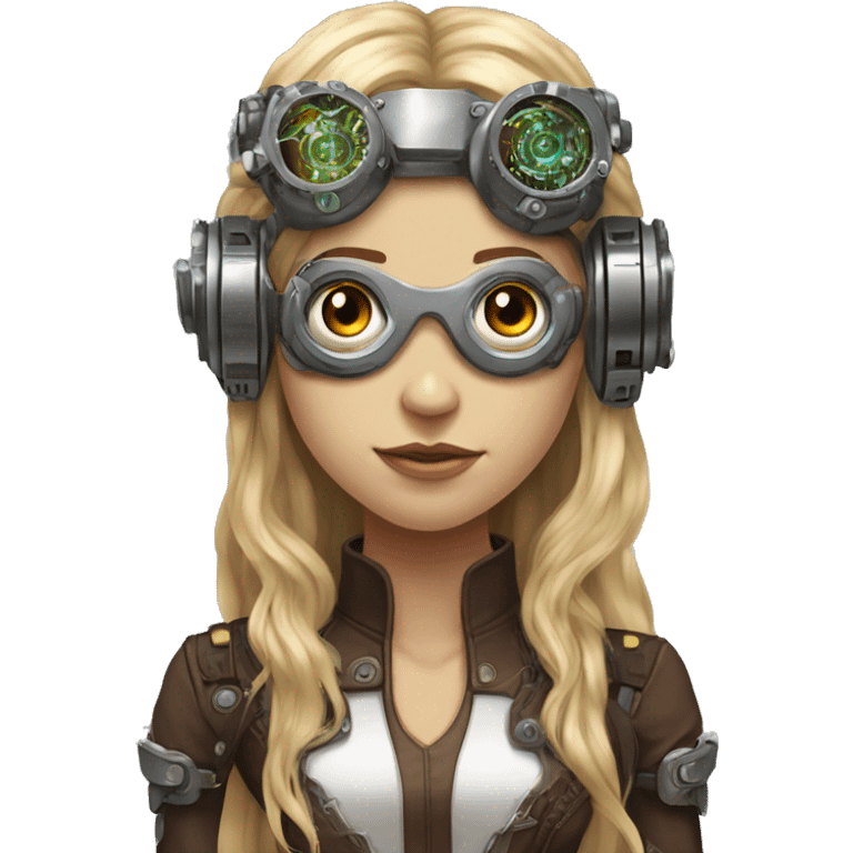 Brown long hair with blonde steaks female cyborg head, fair skin, steampunk goggles and circuits emoji