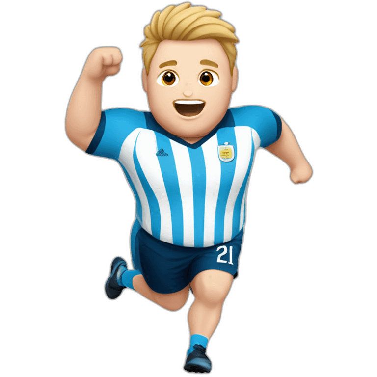 Short hair, obese white man jumping. argentina team uniform.  emoji