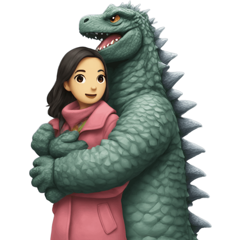 godzilla holding a pretty girl in a cute coat  emoji