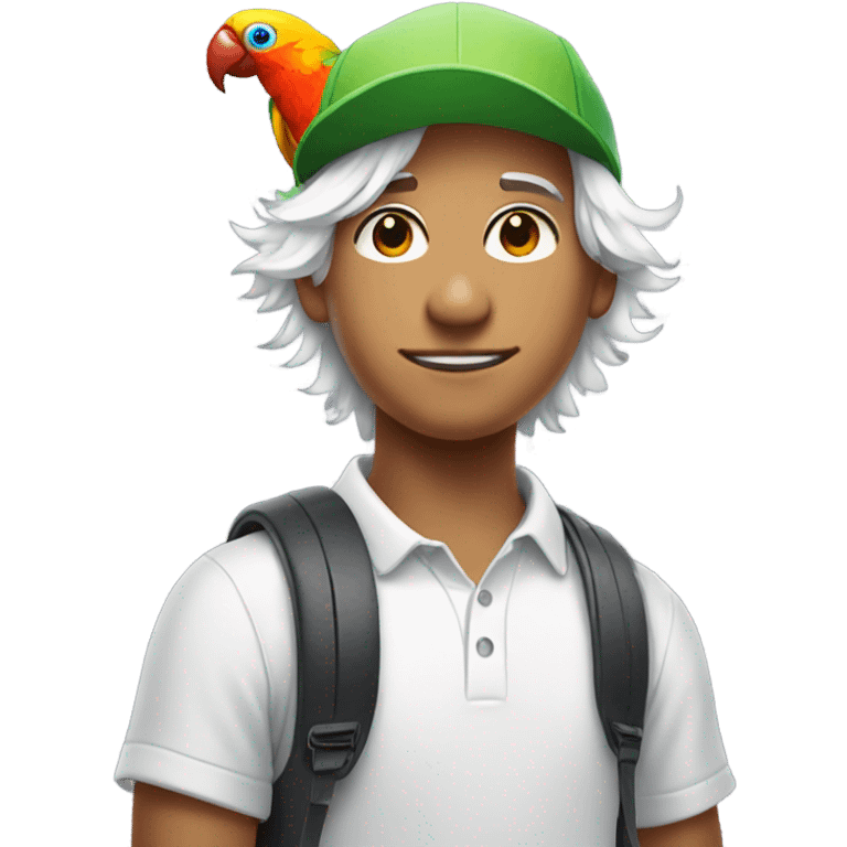 boy with white hair portrait wearing a golf cap and a colorful parrot on his shoulder  emoji