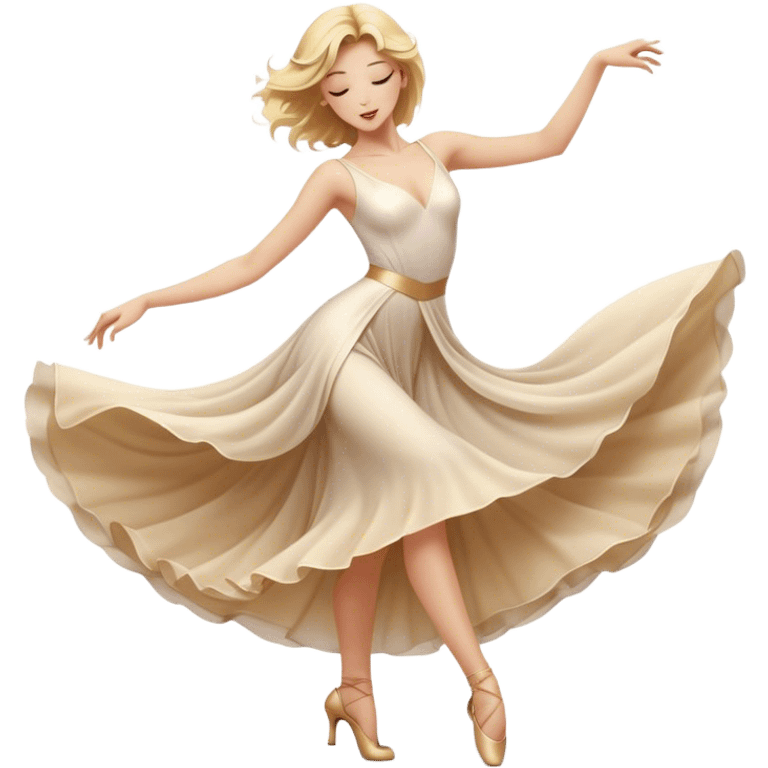 A blonde girl in a cinematic realistic dancing pose, elegant movements of the dancers, the soft fabric of their outfits flowing to the beat of their movements, spectacular lighting emphasizing graceful lines radiating passion and poise. emoji