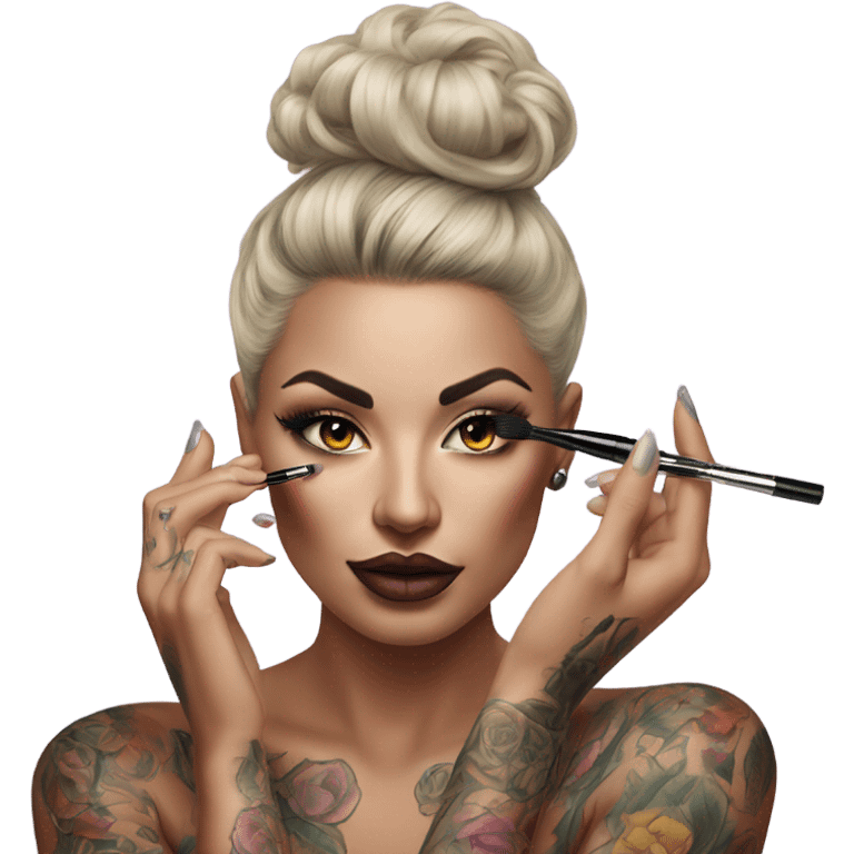 Hyper Realistic Beautiful tattooed woman applying her makeup emoji