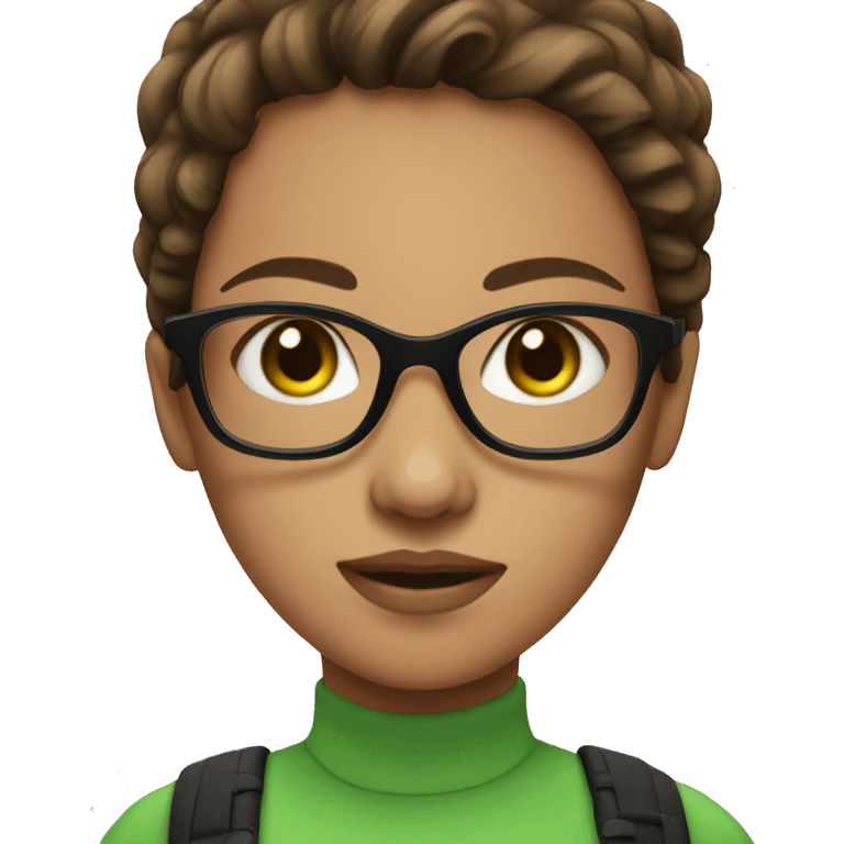 Girl with brown hair green eyes wearing black glasses emoji