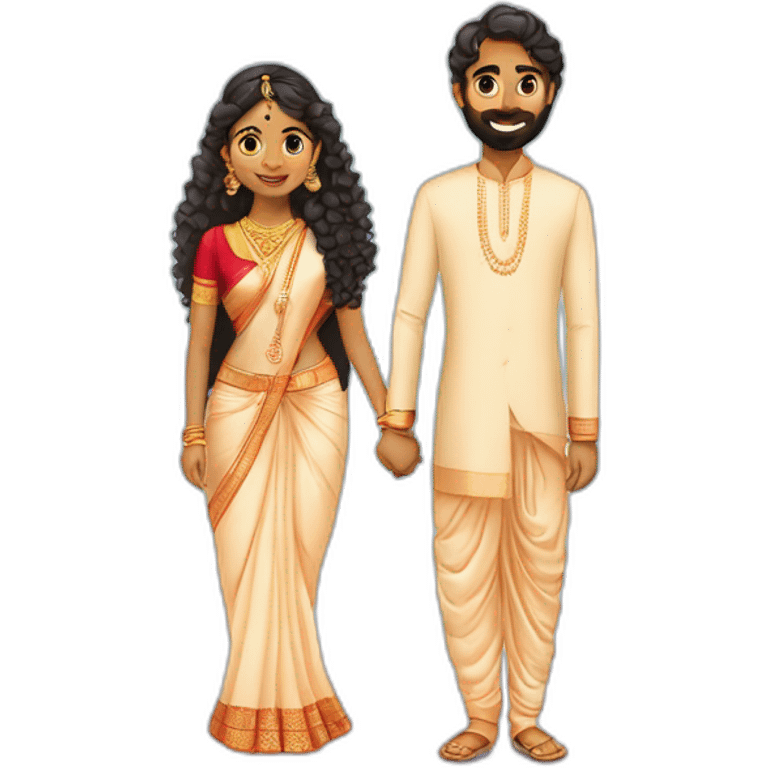 south indian girl with curly hair marrying south indian guy with straight hair and beard wearing dhoti emoji