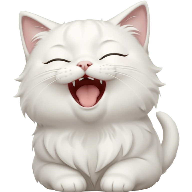 Cinematic Cute Yawning White Cat Portrait Emoji, Head gently tilted with an endearing, wide-open yawn and softly closed eyes, showcasing a pristine white fur with delicate hints of silver, simplified yet irresistibly adorable, highly detailed, glowing with a tender, cozy radiance, high shine, exuding sleepy charm and gentle affection, styled with a soft glowing outline, capturing the essence of a white cat caught mid-yawn, radiating pure, adorable lethargy! emoji