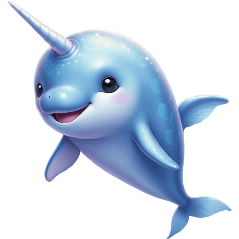 Cinematic Cute Cute Narwhal Portrait Emoji, Head tilted playfully and inquisitively, featuring a charming, sleek body with softly iridescent skin, a prominently spiraled tusk and large, twinkling eyes full of gentle wonder, Simplified yet irresistibly adorable features, highly detailed, glowing with a warm, inviting ocean glow, high shine, affectionate and lively, stylized with a touch of magical sea whimsy, soft glowing outline, capturing the essence of a mischievous yet endearing cute narwhal that seems as if it could frolic out of the screen into your heart! emoji