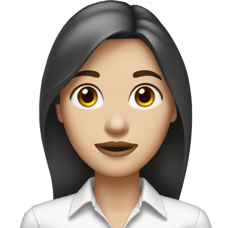 A woman with long brown hair, a white dress shirt and black pants, a thin face, thin mouth, big eyes and white skin. emoji