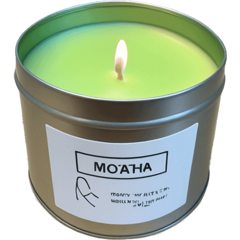 realistic lit matcha scented candle in a silver tin with a small white label that says ‘matcha’ emoji