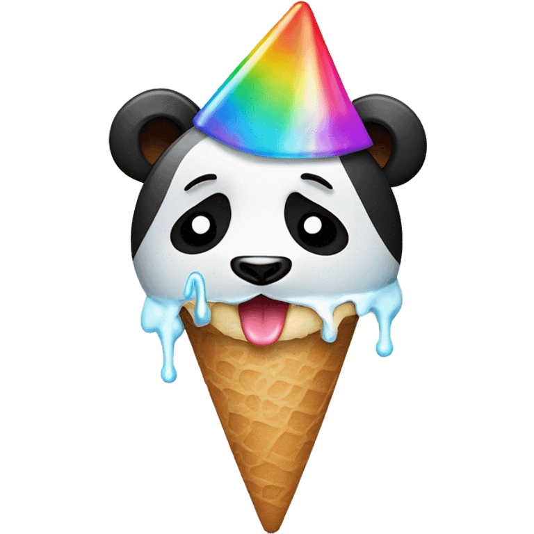 Panda crying wearing a party hat while eating ice cream emoji