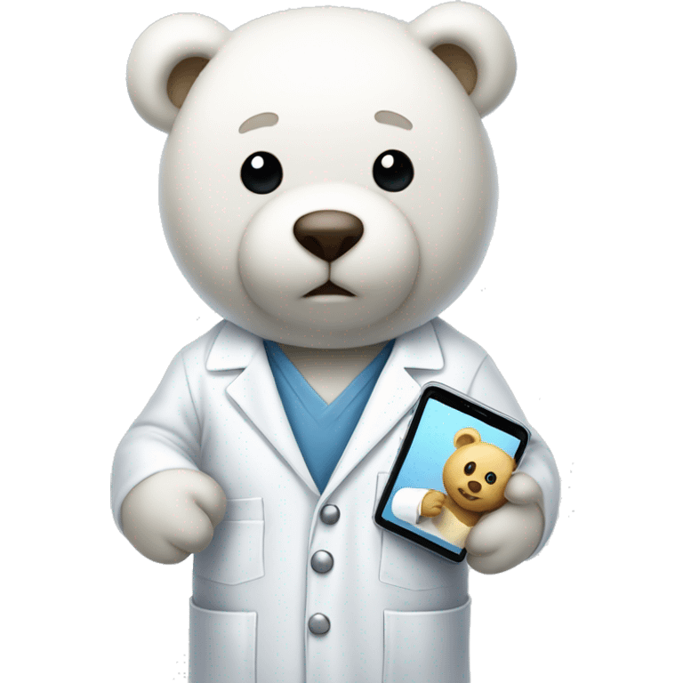 white Teddy bear in labcoat with miphone in hand emoji