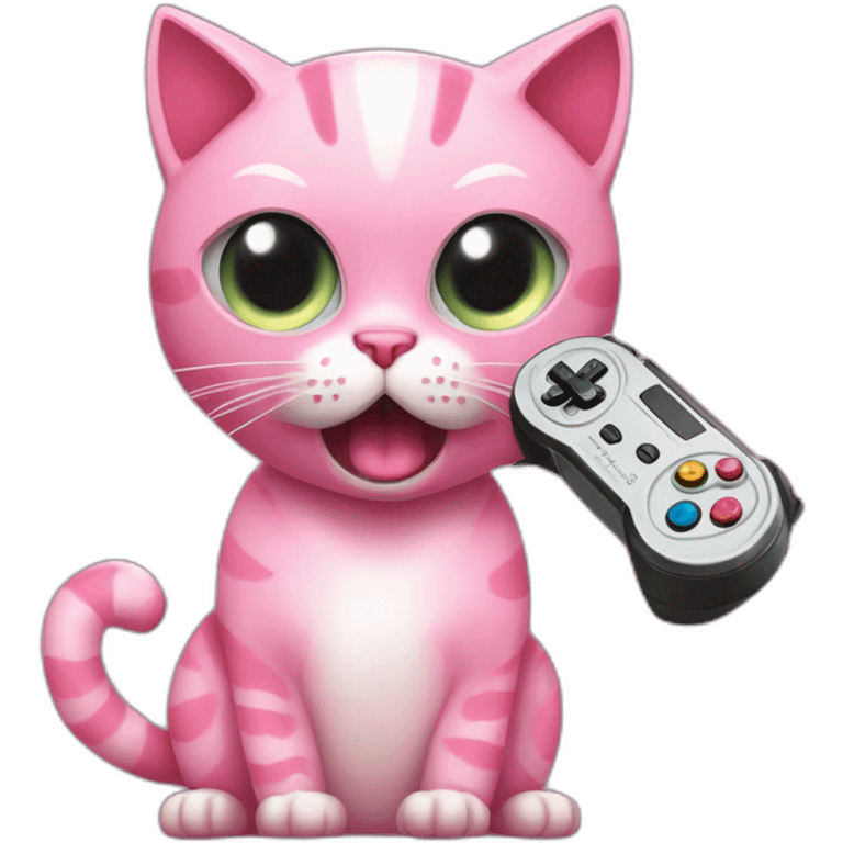 Pink cat with angry face playing with a video game controller y que tenga la cara furiosa como con fuego en los ojos emoji