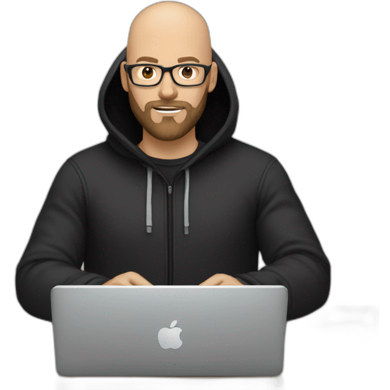 bald white man with glasses and a black beard typing on apple computer wearing a black hoodie emoji