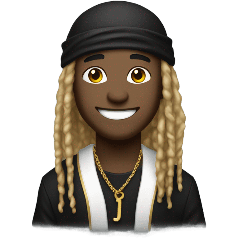 Kai Cenat with dreadlocks with durag on and a big smile wearing black shirt and gold chain emoji