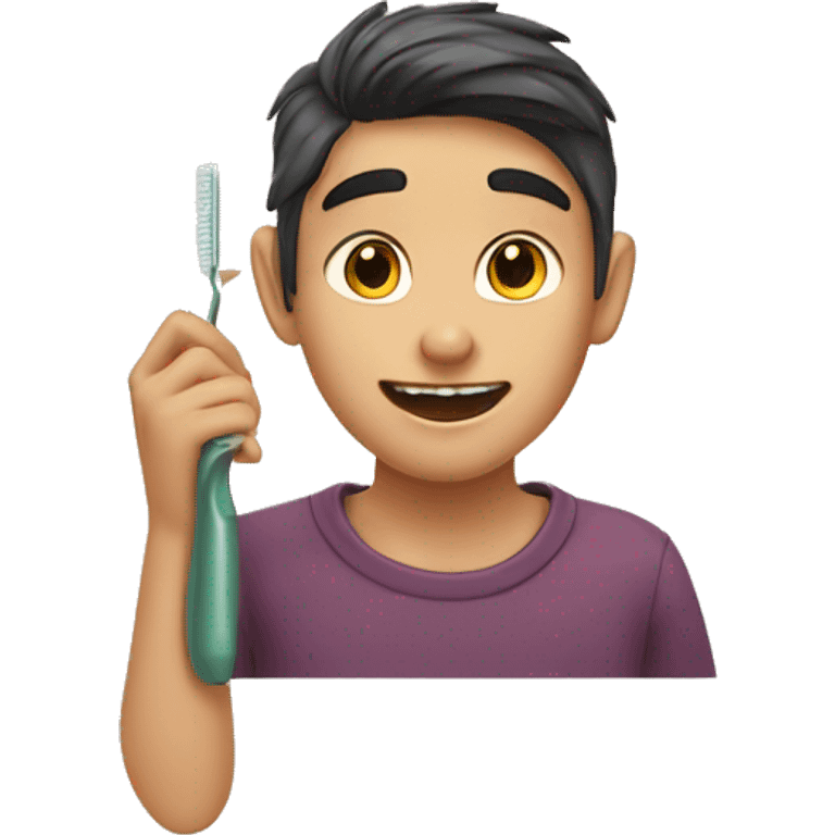 un adolescent qui se brosse les dents avec des oreilles de chat emoji