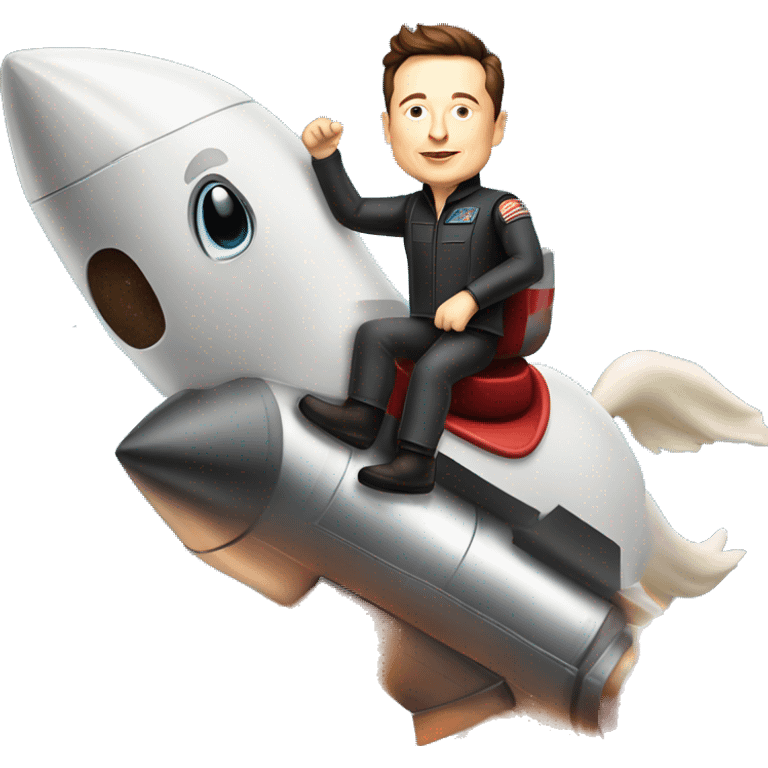 Elon Musk riding on top of a flying space rocket like a horse emoji