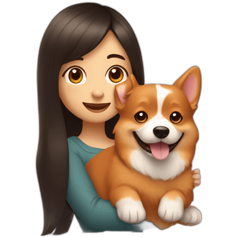 Girl with long dark hair and bangs holding happy red corgi dog emoji