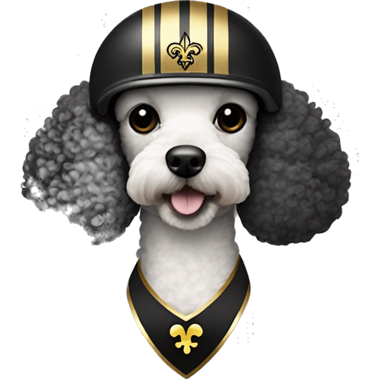 Poodle wearing a black football helmet with gold stripe and gold fleur de lis emblem emoji