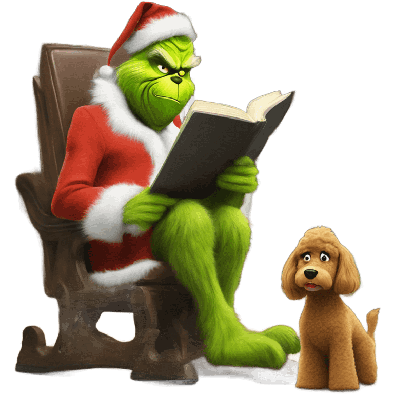 The grinch riding a giant horselike poodle in the library while reading a comic book emoji