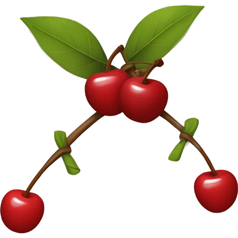 A bow with two short strings hanging down. From its center, two cherry stems with cherries extend downward. Simple background to highlight the bow and cherries emoji