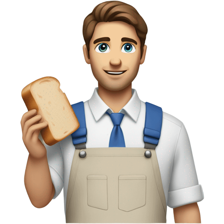 Male with brown hair and blue eyes with white collard shirt and blue apron with khakis and hat holding a sandwhich emoji