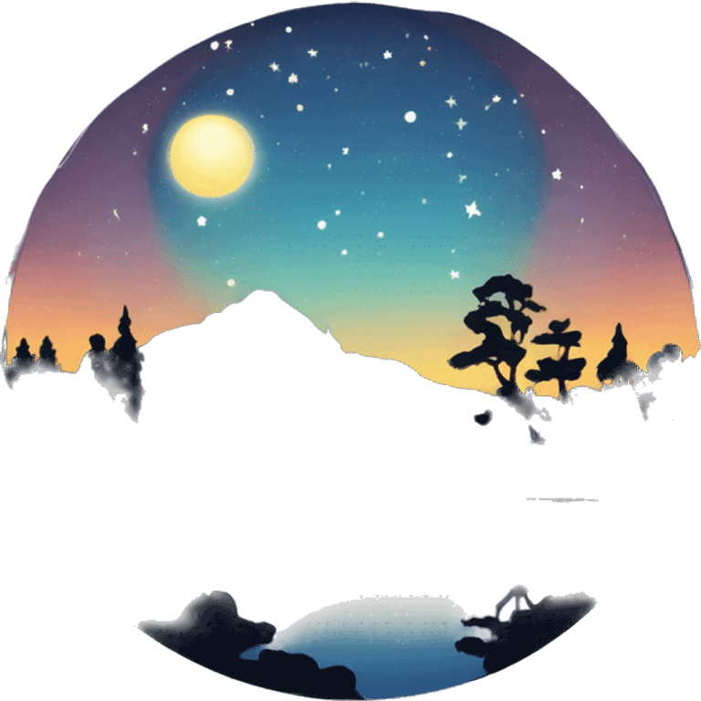 “Expansive starry night sky with bright constellations and a glowing full moon, a couple of shooting stars, and a peaceful lake reflecting the sky. Surrounding the lake are silhouettes of trees.” emoji